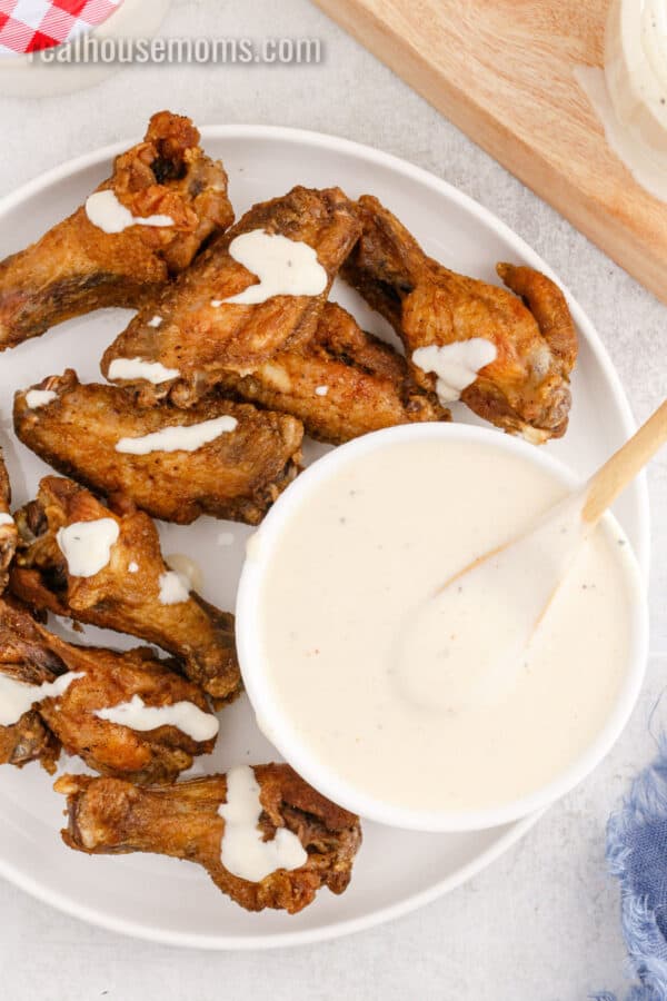 alabama white sauce spooned over chicken wings on a plate next to the bowl of sauce