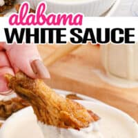 top photo is Alabama white sauce in a bowl with a wooden spoon, bottom picture is a wing being dipped in alabama white sauce