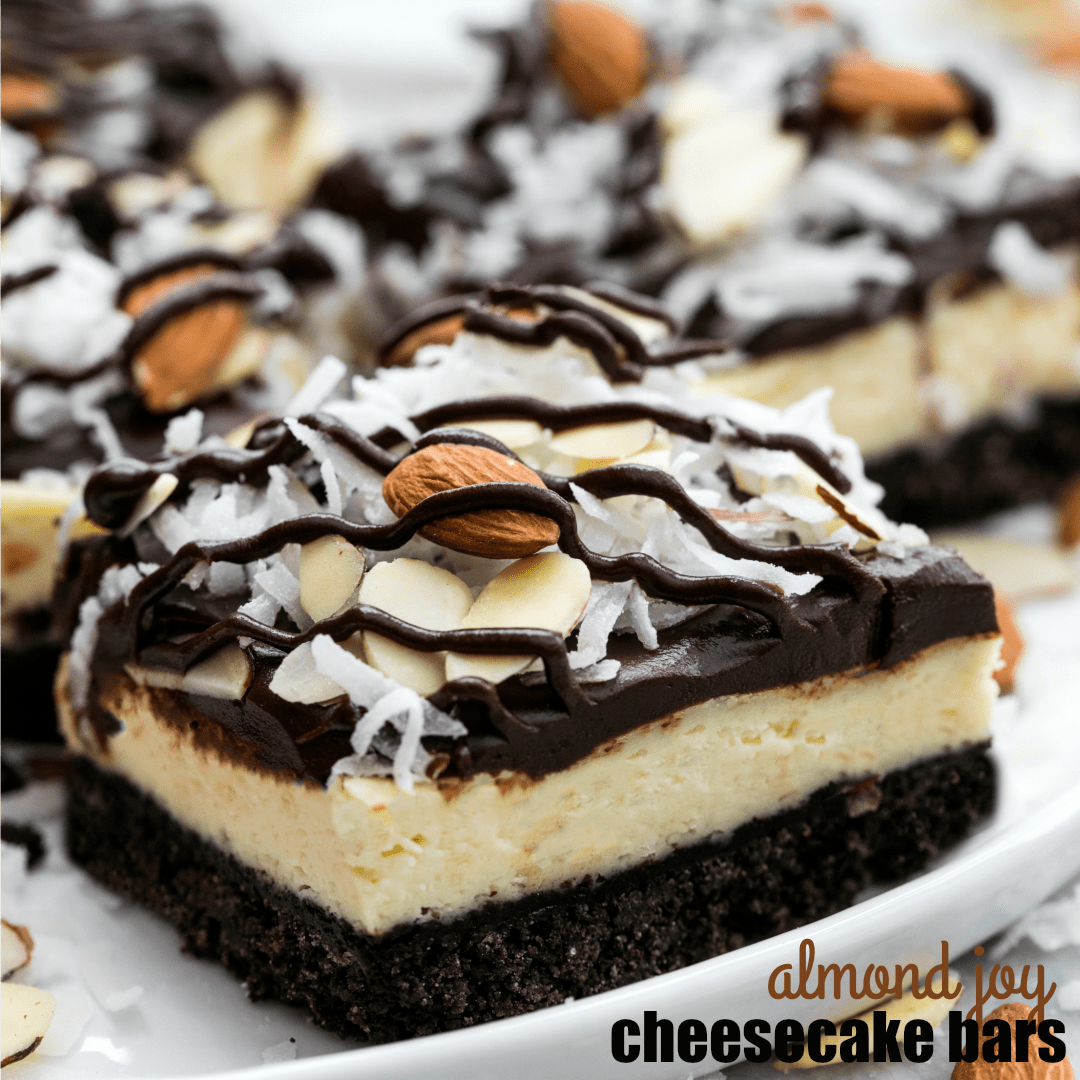 Chocolate and coconut are the stars of these incredibly yummy ALMOND JOY CHEESECAKE BARS! They're easy to make and are the hit of every party!
