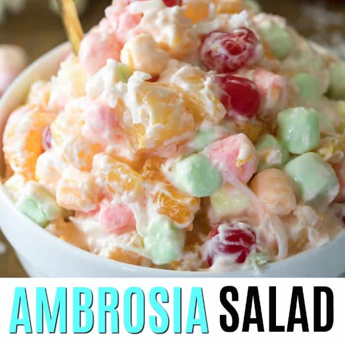 square image of ambrosia salad with text