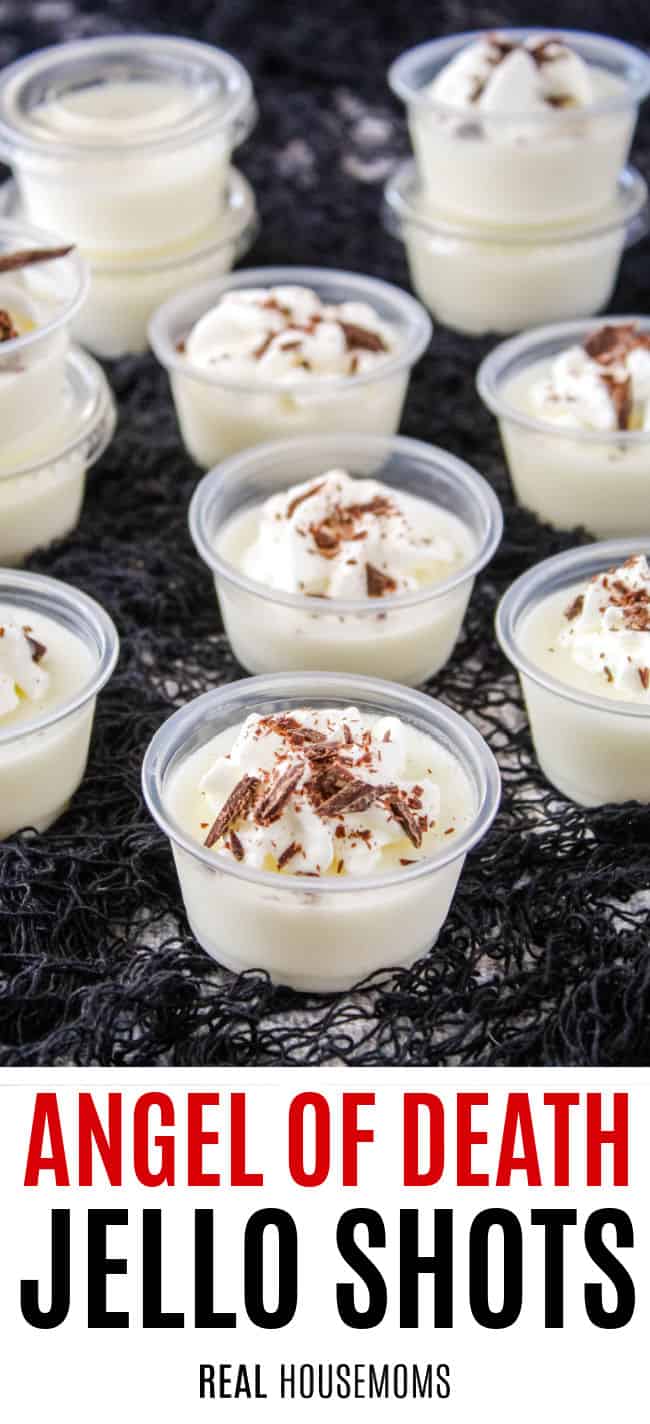 angel of death jello shots topped with whipped cream and chocolate shavings