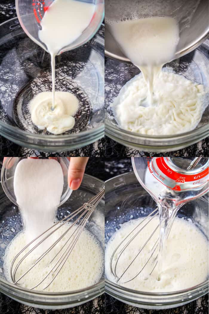 cold milk being poured onto gelatin in a mixing bowl, hot milk being poured into gelatin mixture, sugar being add to gelatin and milk mixture, vodka being poured into jello shots mixture