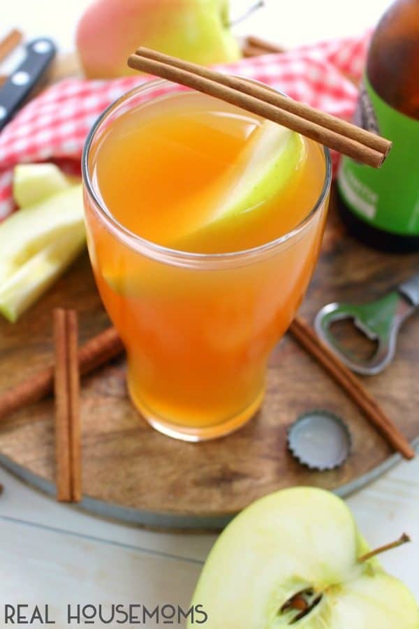 Finished Apple Cider Shandy garnished with an apple slice floating in the glass and a cinnamon stick across the top