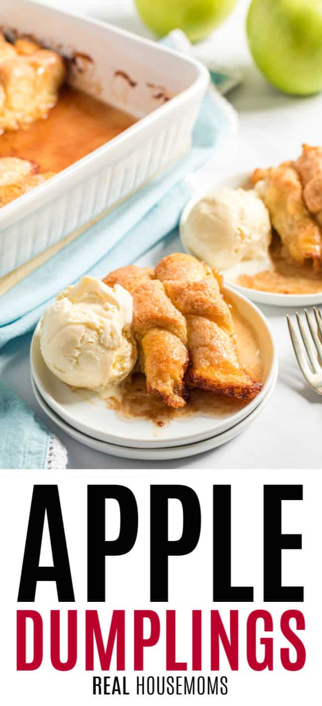 apple dumplings on a dessert plate with vanilla ice cream