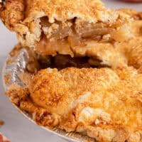 slice of apple pie on a cake serve over the pie plate with recipe name at the bottom