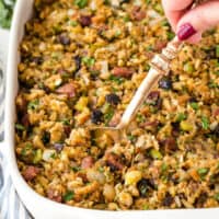 Apple Sausage Stuffing is so good it might upstage your Thanksgiving turkey! Loaded with hearty vegetables and apple sausage, it's a family favorite!