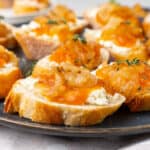 square close up image of apricot, goat cheese & caramelized onion crostini on a serving plate