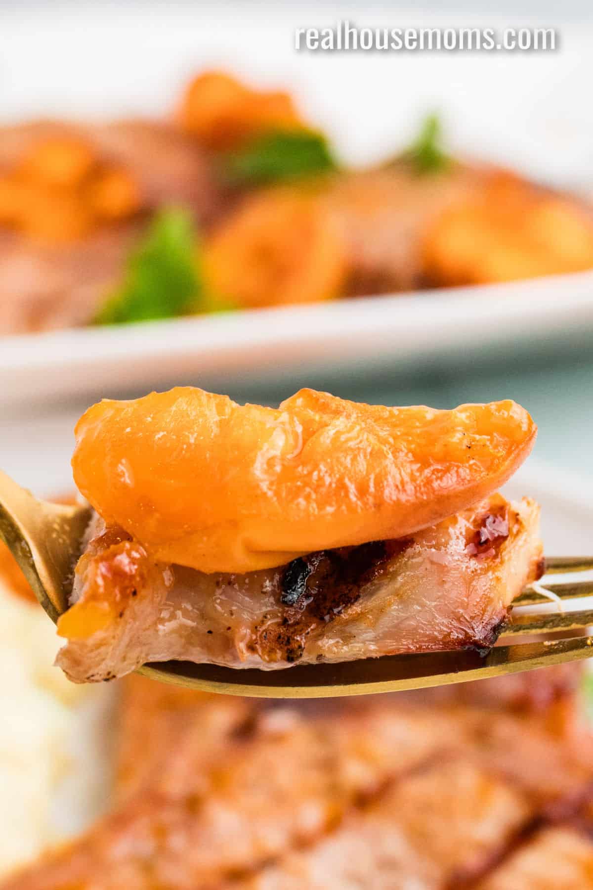 bite of apricot grilled pork chops and apricot on a fork over the plate