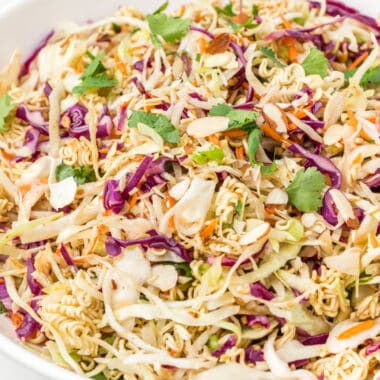 square close up image of asian ramen salad in a serving bowl