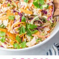 spoonful of asian slaw over the bowl with recipe name at the bottom