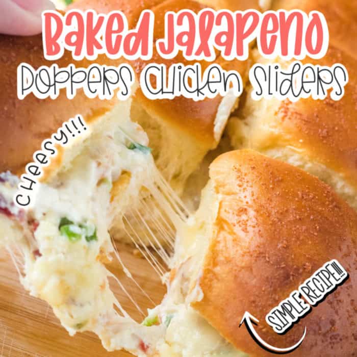 square image of baked jalapeno poppers chicken sliders, pic of two sliders