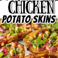 Cheesy, crispy, and dripping with sauce, these BBQ Chicken Potato Skins are the ultimate football party food! Make then ahead of time and bake when ready!