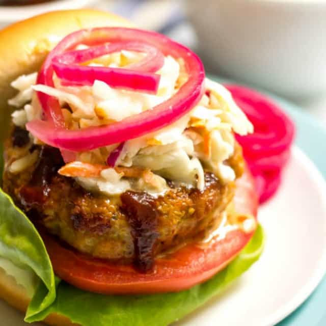 These BBQ Chicken Burgers require just a few basic ingredients and come out super juicy and flavorful!