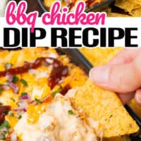 top picture is a tray full of bbq chicken dip, bottom pic is a chip being dipped in bbq chicken dip. in the middle of the post is the title of the post with pink and black lettering