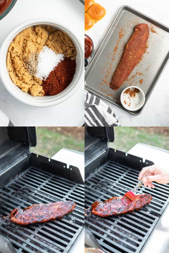 spice rub ingredients in a small bowl, pork loin on a baking sheet coated in spice rub, pork loin on a grill, basting brush coating pork loin in BBQ sauce while on a grill