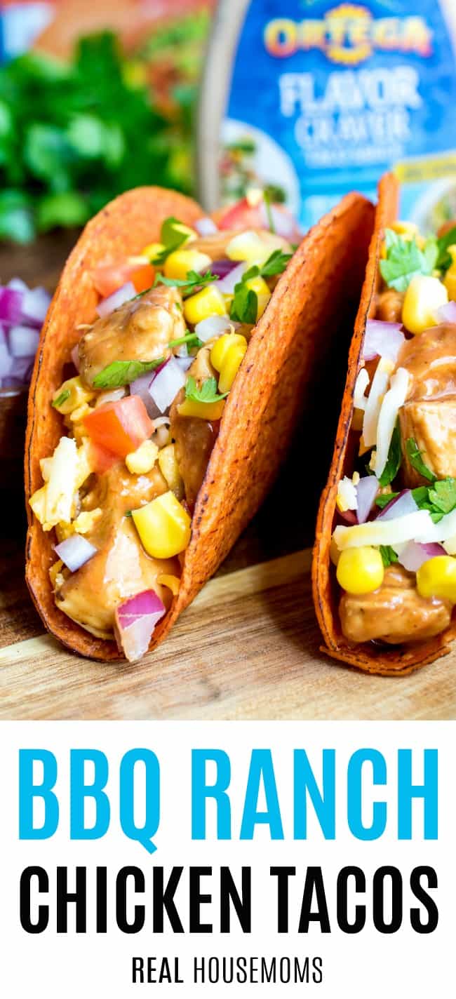 bbq ranch chicken tacos with corn, cilantro, tomato, and red onion