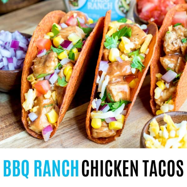 square image of bbq ranch chicken tacos with text