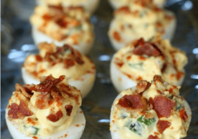 Bacon Jalapeno Deviled Eggs are delicious and add a kick to the traditional spring, summer, or Easter appetizer!