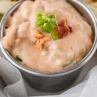 bacon jalapeno fry sauce in a metal ramekin with recipes name at the bottom