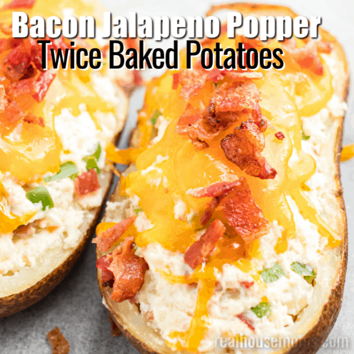 square image of bacon jalapeno popper twice baked potatoes with text
