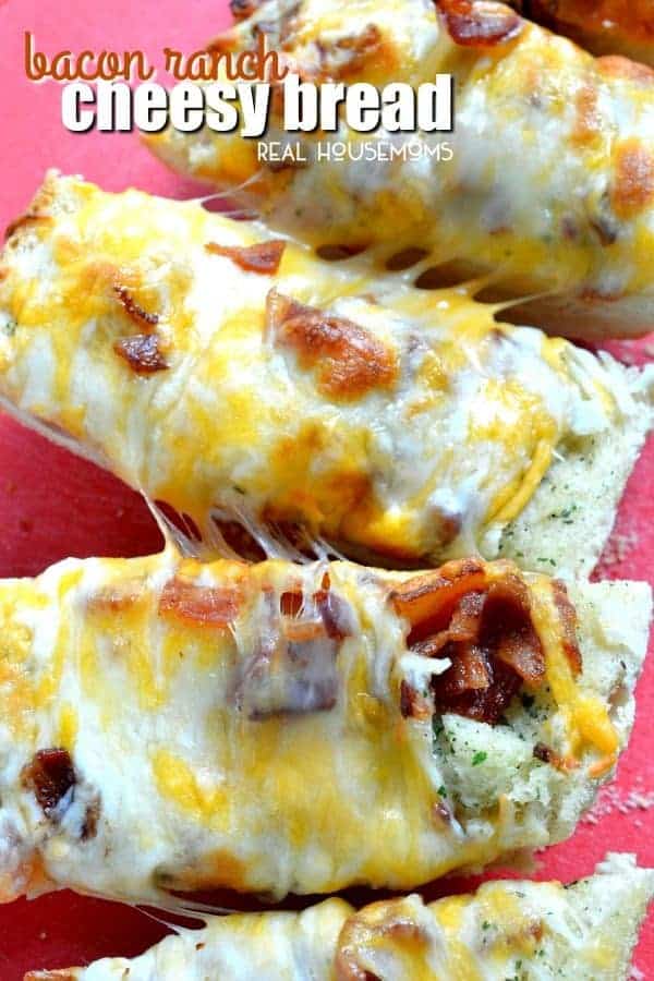 If you are in need of a quick and easy snack or appetizer, this Bacon Ranch Cheesy Bread is it! This bread is loaded with bacon, ranch flavor and tons of cheese! It is great for parties or game day!