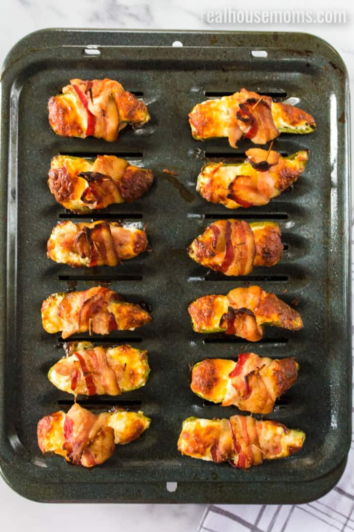 broiling pan with chicken jalapeno poppers after baking