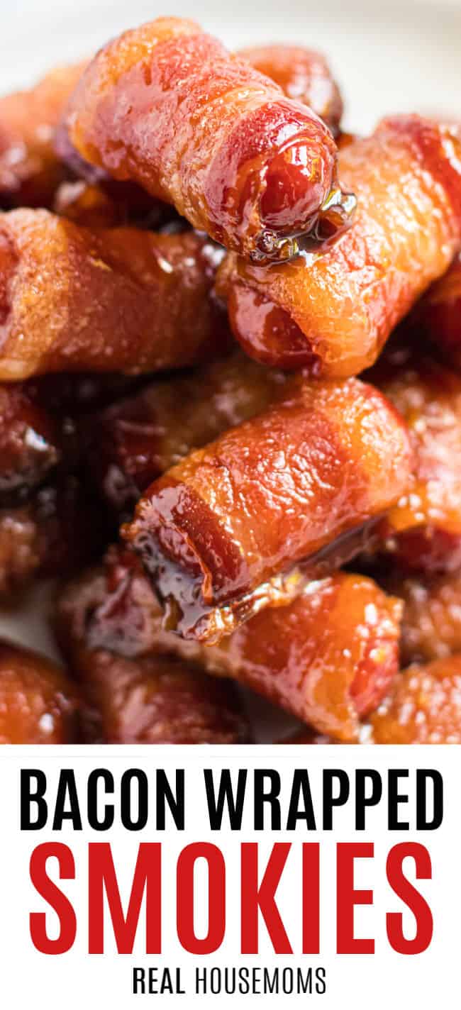 close up of bacon wrapped smokies