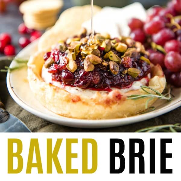 square image of baked brie with text