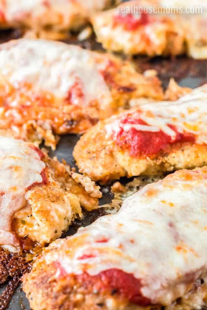 chicken parmesan on a baking sheet after cooking