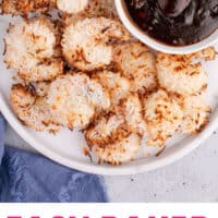 baked coconut shrimp with garlic plum sauce on a plate with recipe name at the bottom