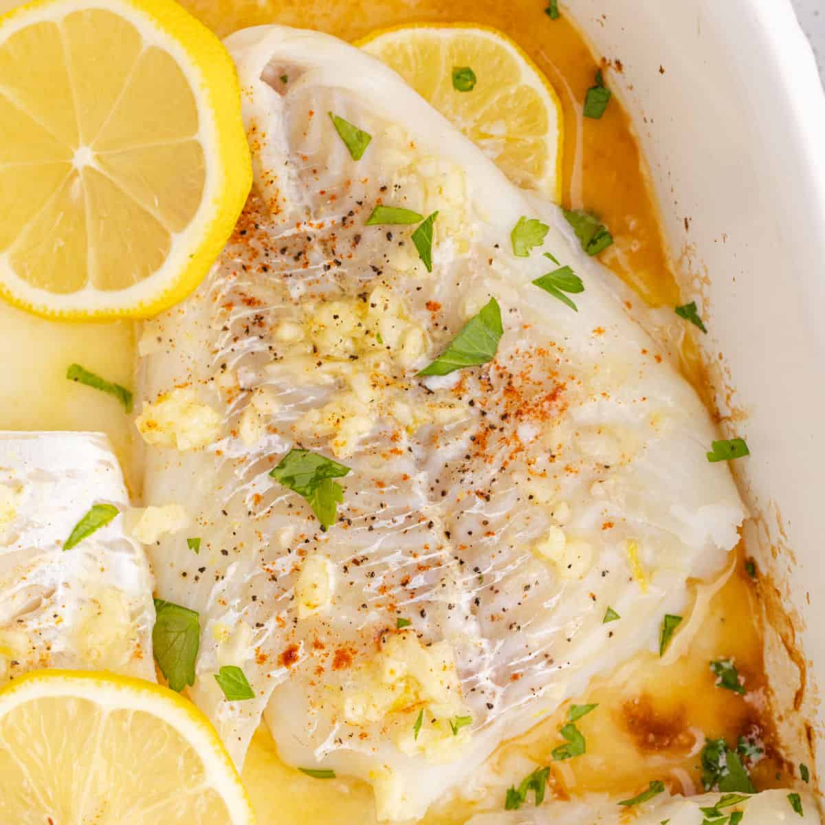 square image of baked cod in a baking dish after cooking