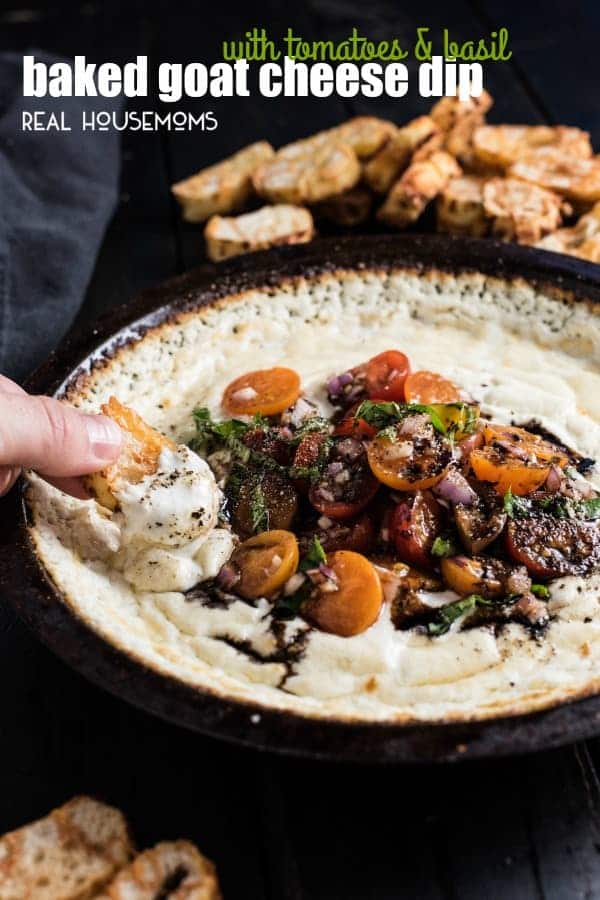 This Baked Goat Cheese Dip is topped with tomatoes, basil, and balsamic and is crazy delicious!