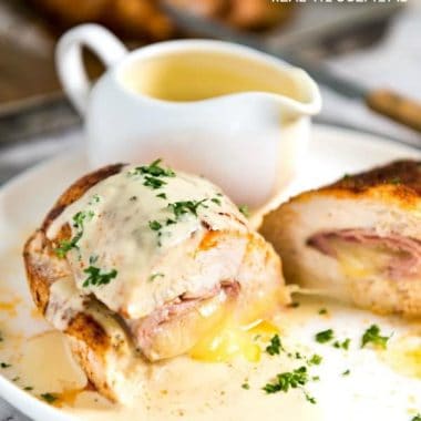 This EASY Baked Ham & Cheese Stuffed Chicken with a wickedly delicious Mustard Cream Sauce tastes like Cordon Bleu, minus the crunchy coating, but is about 5x faster to make!