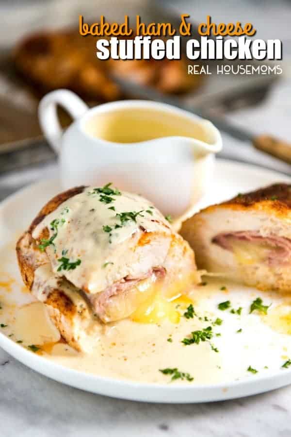 This EASY Baked Ham & Cheese Stuffed Chicken with a wickedly delicious Mustard Cream Sauce tastes like Cordon Bleu, minus the crunchy coating, but is about 5x faster to make!