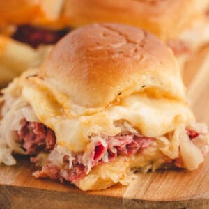square image of reuben sliders on a cutting board