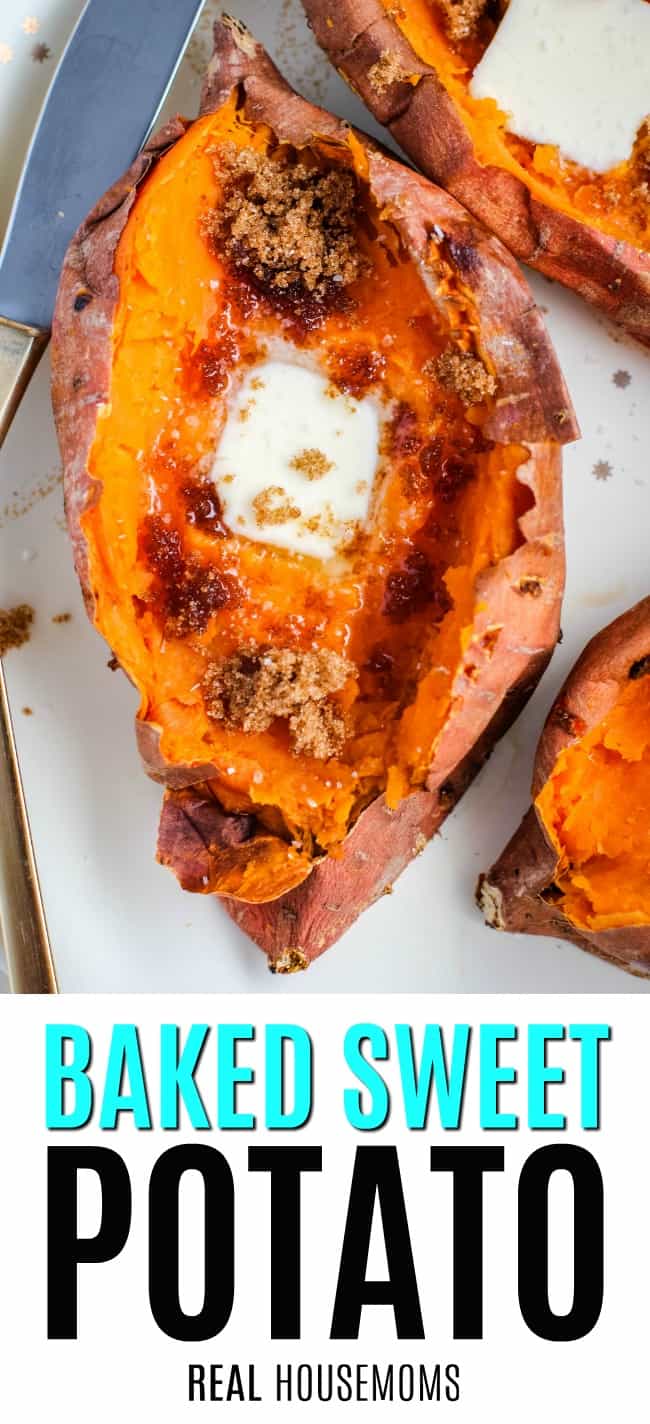 close up of baked sweet potato with butter and brown sugar
