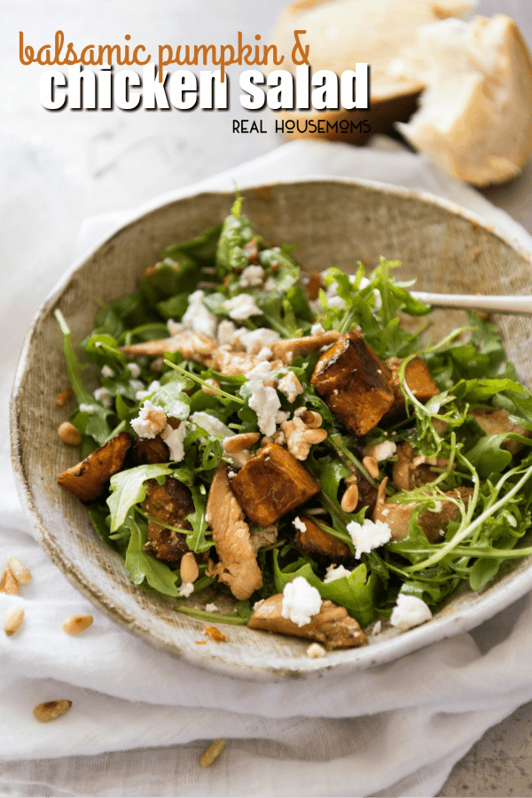 This Balsamic Pumpkin & Chicken Salad is made with sweet, golden roasted pumpkin and chicken tossed with arugula leaves and a wicked Honey Balsamic Dressing. THIS is a salad worthy of being a meal!