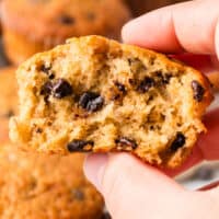 image of hand holding half an eaten muffin with the title of the post on top of the image in blue and black lettering