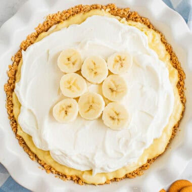 square image of a banana cream pie in the pie plate