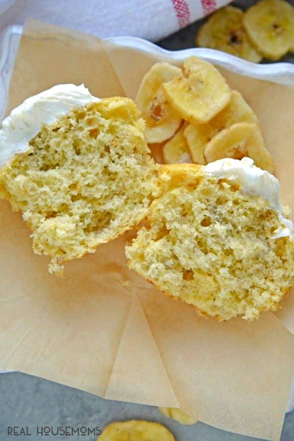 5 Ingredient Banana Cupcake Cut down the middle to show its delicious crumb texture