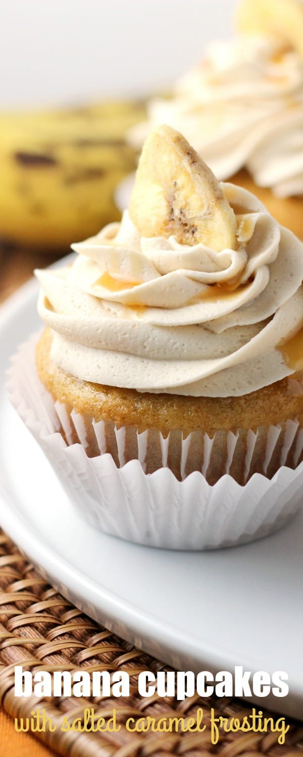 BANANA CUPCAKES WITH SALTED CARAMEL FROSTING are homemade goodness. Lovely enough for special occasions, but easy enough for everyday treats!