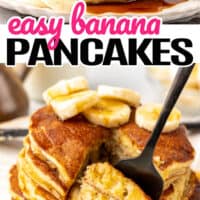 top picture is of banana pancakes stacked up on plate with banana slices on top, bottom is a stack of pancakes with a fork. Middle of the two pictures is the title of the post in pink and black lettering