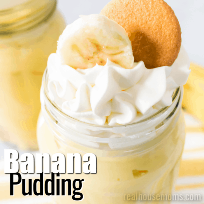 square image of banana pudding with text