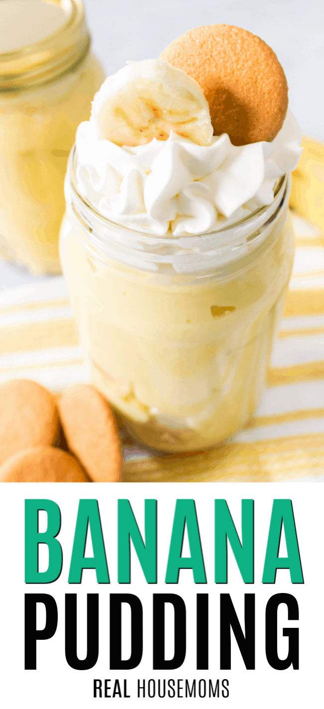 banana pudding in a jar topped with whipped cream, banana, and vanilla wafers