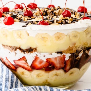 square image of side view of banana split trifle to show all the layers