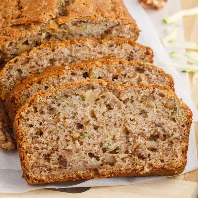square close up image of banana zucchini bread slices