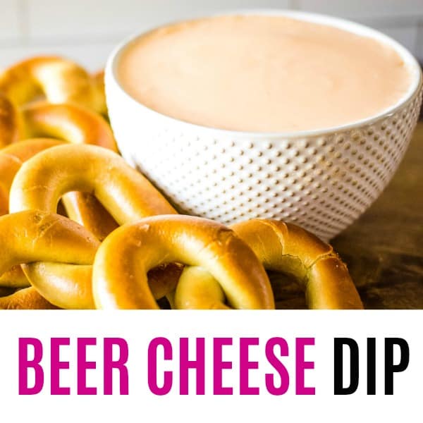 square image of beer cheese dip with text