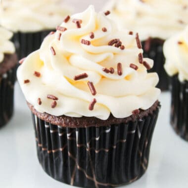 square image of a chocolate cupcake with cream cheese frosting and chocolate sprinkles