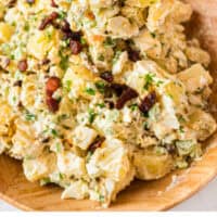 best ever potato salad in a serving bowl with recipe name at the bottom