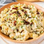 square image of best ever potato salad in a wooden serving bowl
